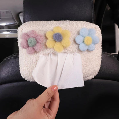 Cartoon Plush Flower Car Headrest Tissue Box Holder Visor Organizer