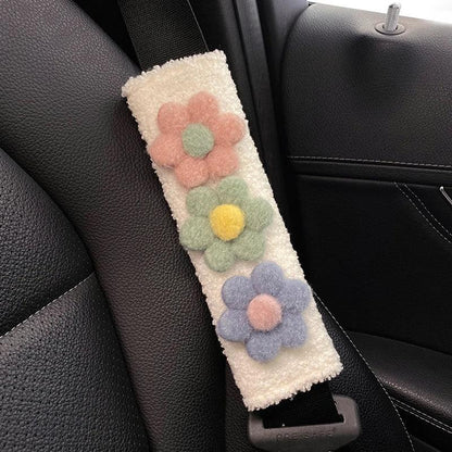 Plush Lamb Car Seat Belt Shoulder Pads - Soft Flower Design