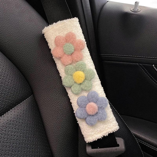 Plush Lamb Car Seat Belt Shoulder Pads - Soft Flower Design