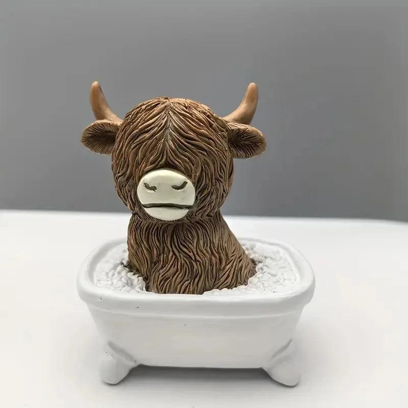 Scottish Highland Cow Resin Car Dashboard Figurine - Bathing Reading