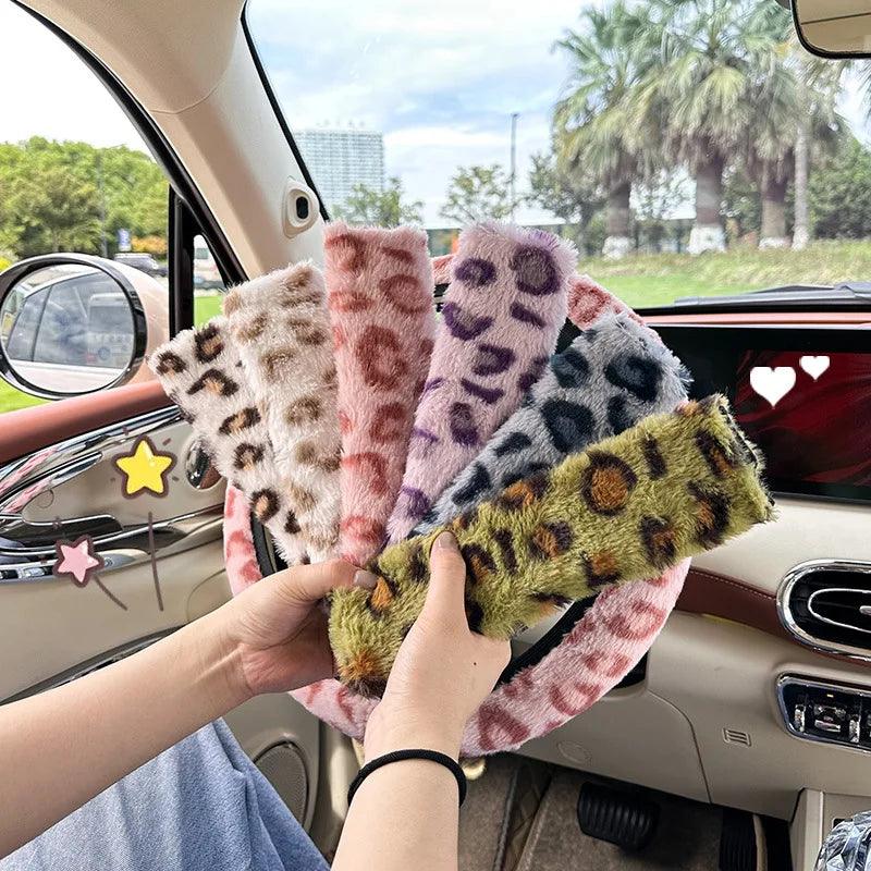 2pcs Leopard Print Plush Seat Belt Shoulder Pads Car Safety