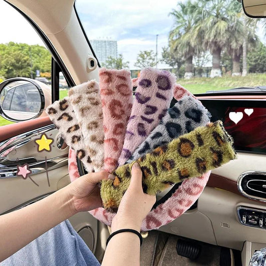 2pcs Leopard Print Plush Seat Belt Shoulder Pads Car Safety
