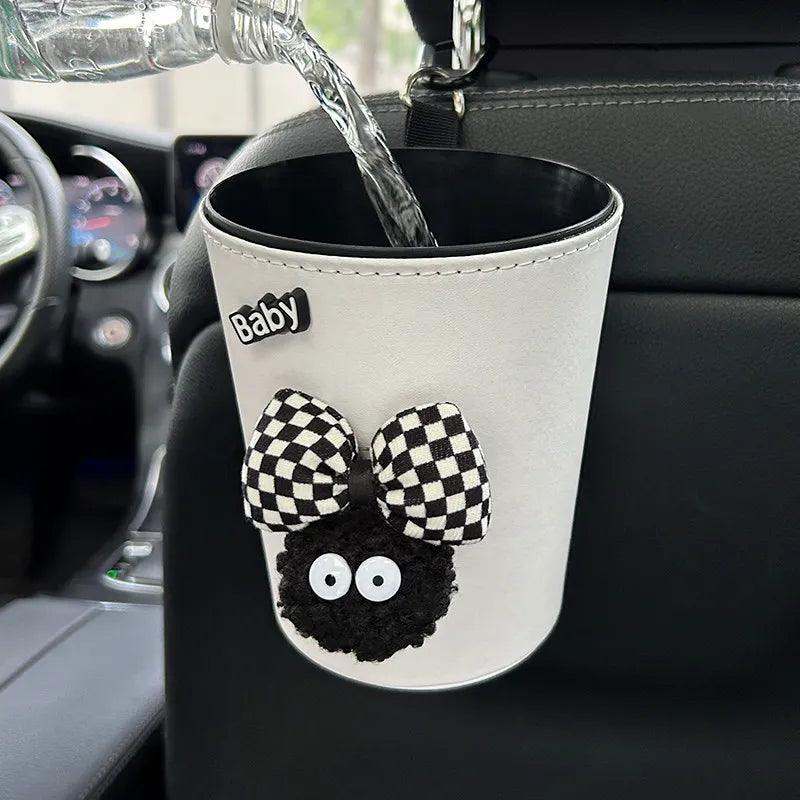 2pc Leather Car Trash Bin Cartoon Coal Ball Headrest Organizer Bag