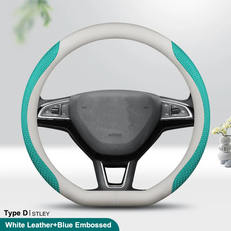 PU Leather Universal Steering Wheel Cover - D Shape / Blue Embossed