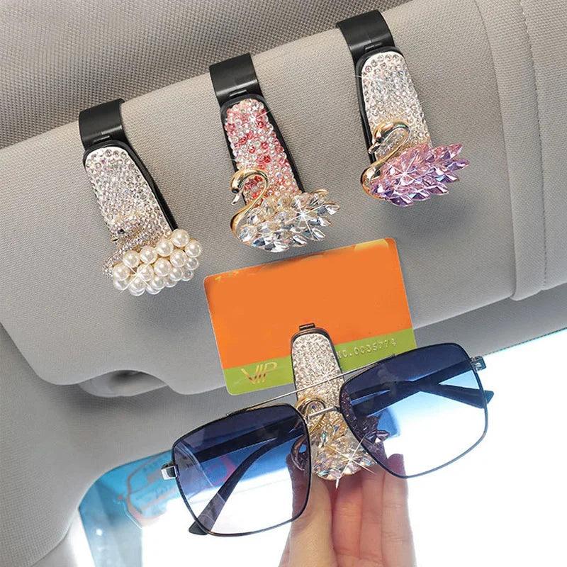 Rhinestone Car Sun Visor Sunglasses Holder - Cute Cartoon Crystal Clip