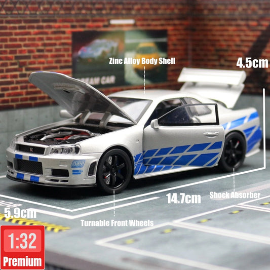 Nissan Skyline GTR R34 – 1:32 Diecast Car Toy with Light & Sound - Standard Silver