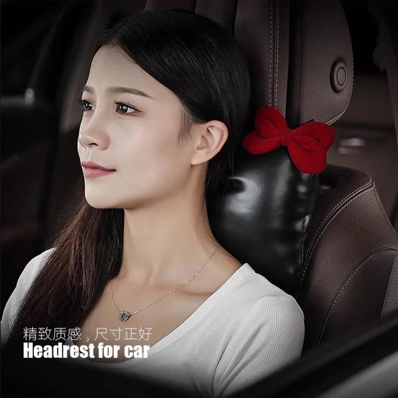 Red Bow PU Leather Car Neck Pillow - Headrest Support Cushion
