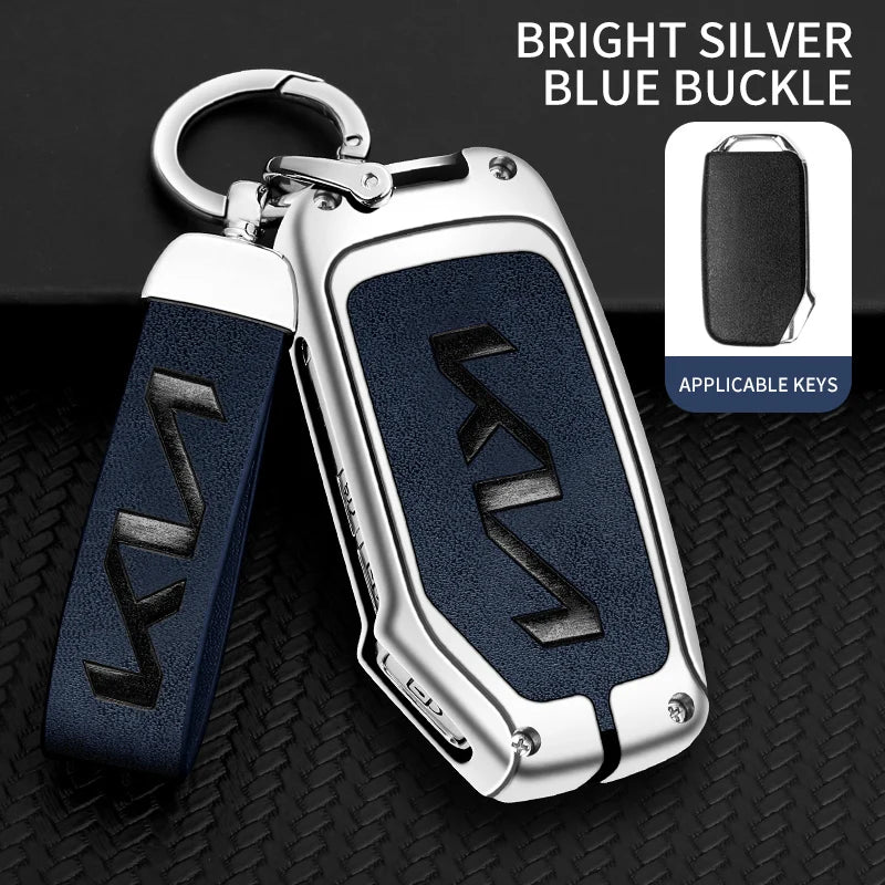 KIA Leather Alloy Remote Key Case Cover - E-silver blue chain