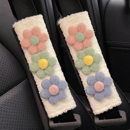 Plush Lamb Car Seat Belt Shoulder Pads - Soft Flower Design