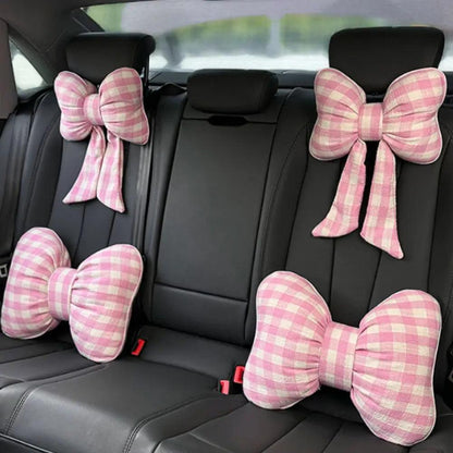 Pink Bowknot Car Neck Pillow - Grid Plaid Pattern Headrest Support