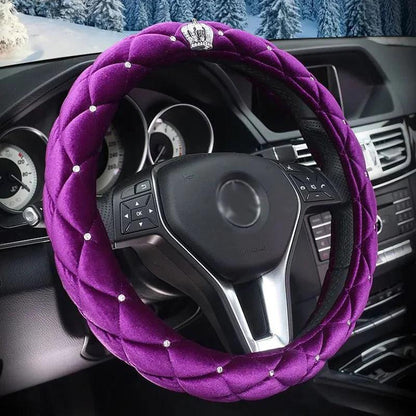 Diamond Crown Plush Steering Wheel Cover Winter Fur Auto Accessory