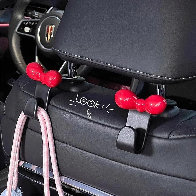 2Pcs Pink Bow Car Headrest Hooks - Seat Back Handbag Organizer