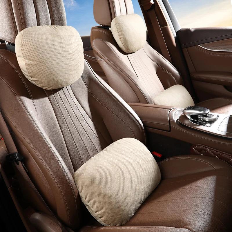 Breathable Suede Car Seat Headrest & Lumbar Pillow - Beige Headrest