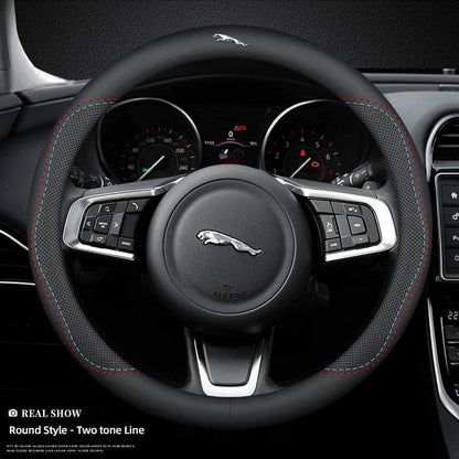 Jaguar Leather Steering Wheel Cover – Anti-Slip Interior Accessory Fits XF, XJ, XE, F-Pace, E-Pace, XFL, XJL, XKR, XJ6 & More - Round-Bicolor Line