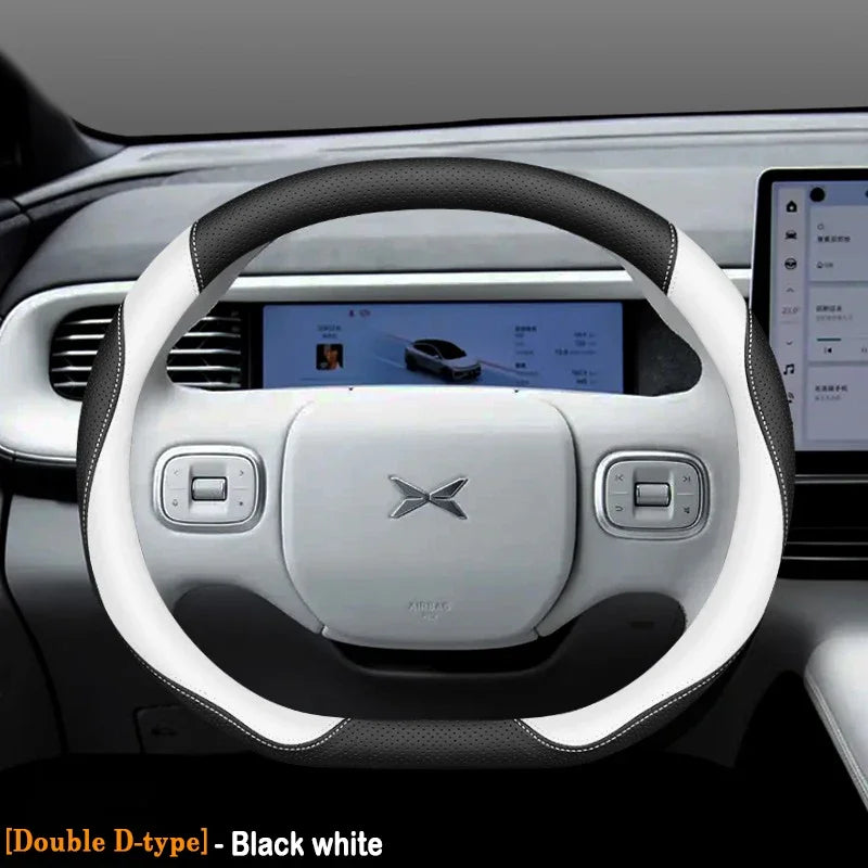 XPeng Ultra-Thin Leather Steering Wheel Cover - Double D Shape / White