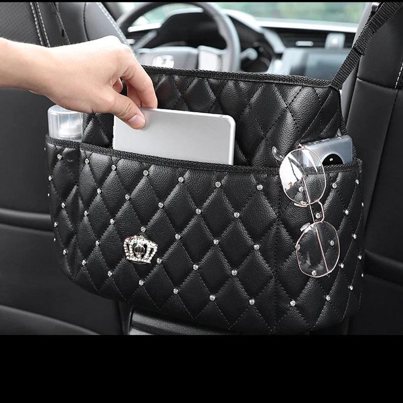 Rhinestone Diamond Leather Car Seat Back Storage Bag Crown Bling