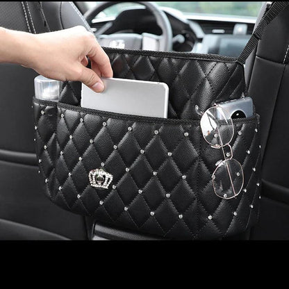Rhinestone Diamond Leather Car Seat Back Storage Bag Crown Bling