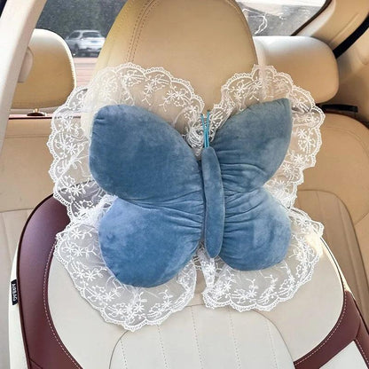 Plush Bow Lace Car Headrest Pillow - Soft Neck Support Cushion