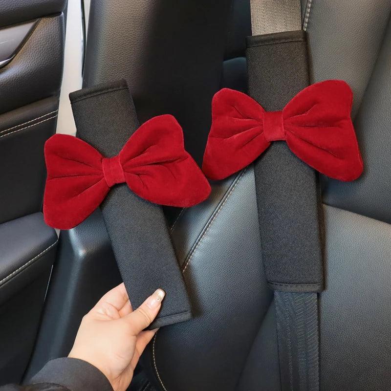 Ice Silk Car Neck Pillow Red Bow Design Universal Headrest Support
