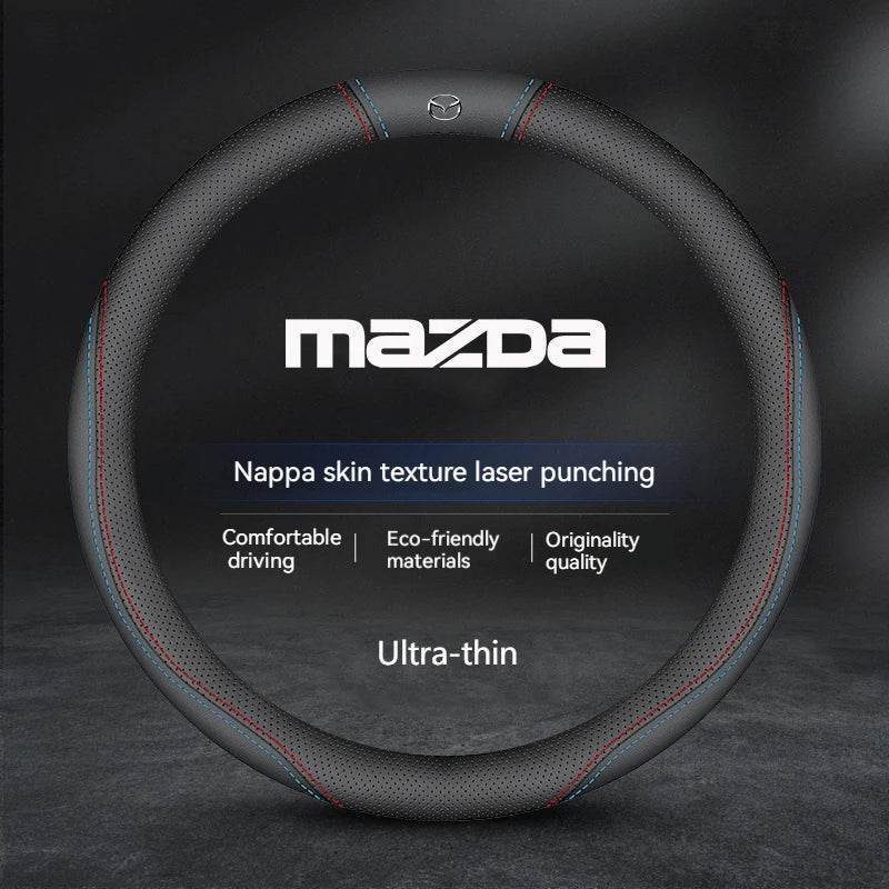 Mazda Suede Leather Car Steering Wheel Cover for SKYACTIV Series – Fits Mazda2, 3, 6, Axela, Atenza, CX30, CX5, CX8, CX9, MX5, RX7, RX8, BT50 - Style A white