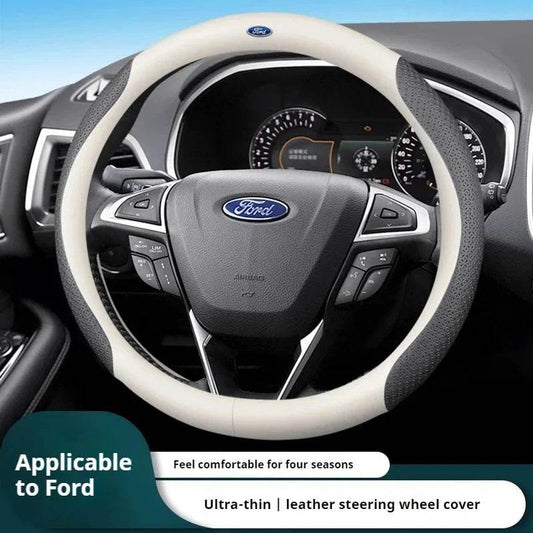 Ford Carbon Fiber Leather Steering Wheel Cover for Fits Mondeo, Focus, Raptor, F150, Fusion, Kuga & More - O White Style B