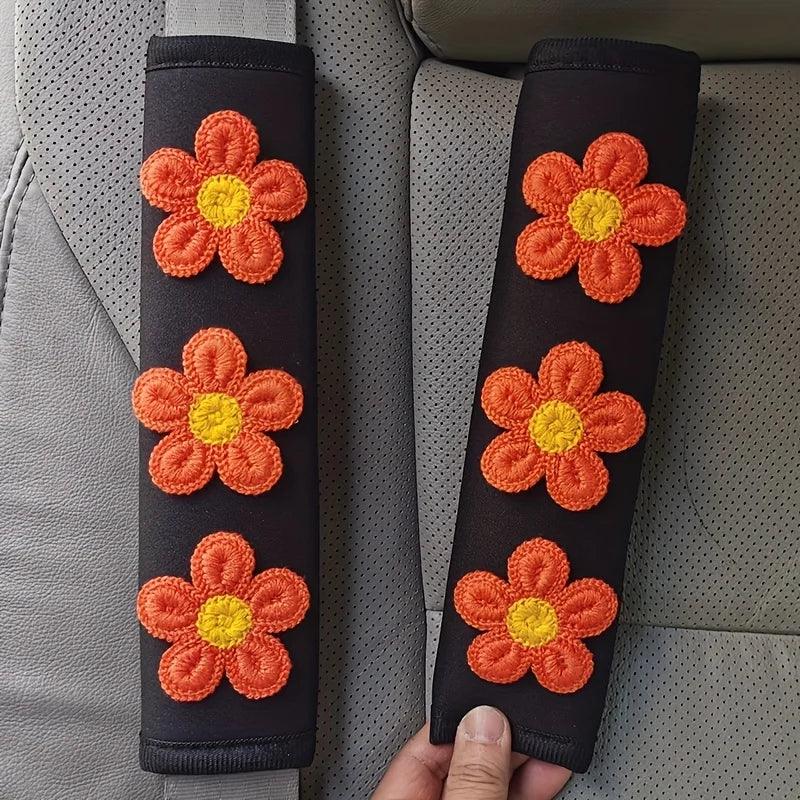 Ice Silk Flower Seat Belt Shoulder Pads - 2PC Cartoon Car Interior