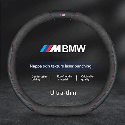 BMW Carbon Fiber Suede Leather Steering Wheel Cover for M Series , X1, X3, X5, X6, E39, E46, E87, E90, E92, F10, F15, F25, F30 - O-M Style B black