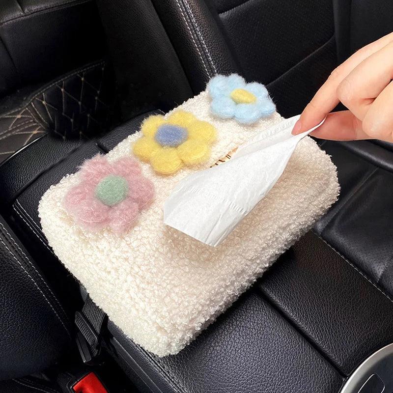 Cartoon Plush Flower Car Headrest Tissue Box Holder Visor Organizer