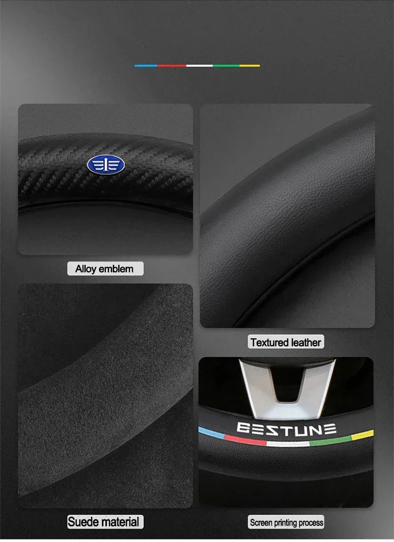 FAW Besturn Carbon Fiber Suede Steering Wheel Cover - D Black-Carbon+Suede