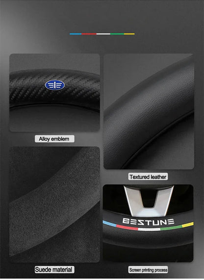 FAW Besturn Carbon Fiber Suede Steering Wheel Cover - D Black-Carbon+Suede