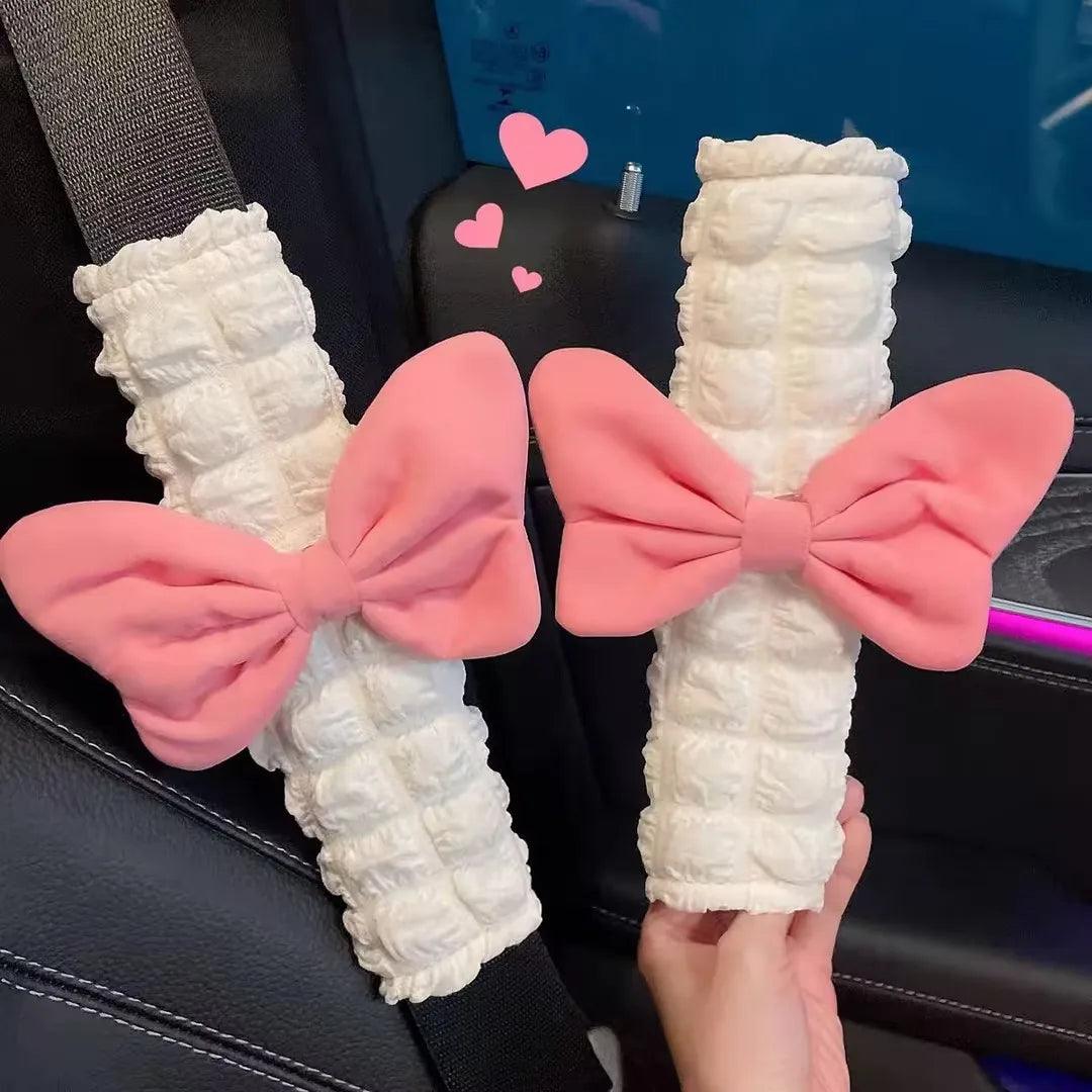 Pink Bow Plush Seatbelt Cover Shoulder Pad Protector Car Cushion
