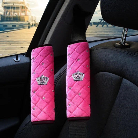 Bling Rhinestone Crown Car Seat Belt Covers - Black Pink Crystal Plush