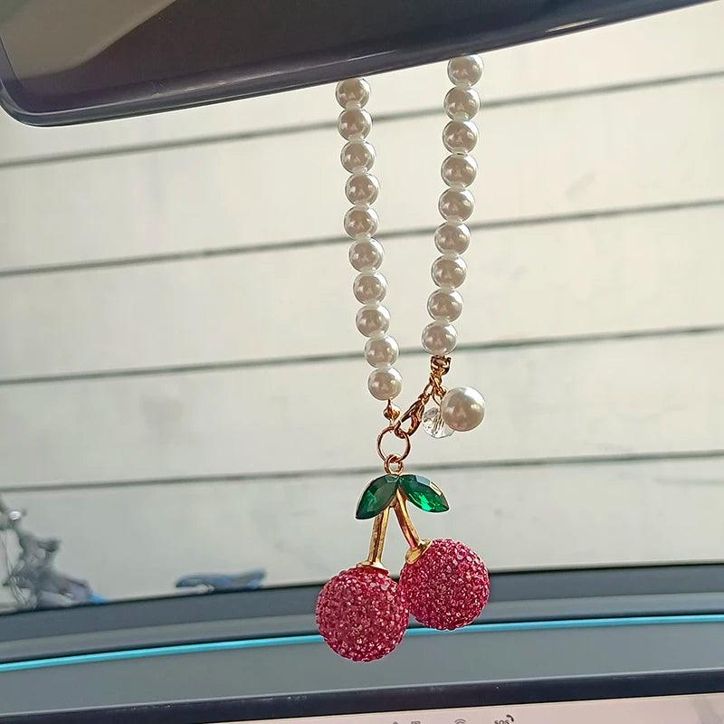 Cherry Crystal Rhinestone Car Mirror Ornament Hanging Pendant Decor