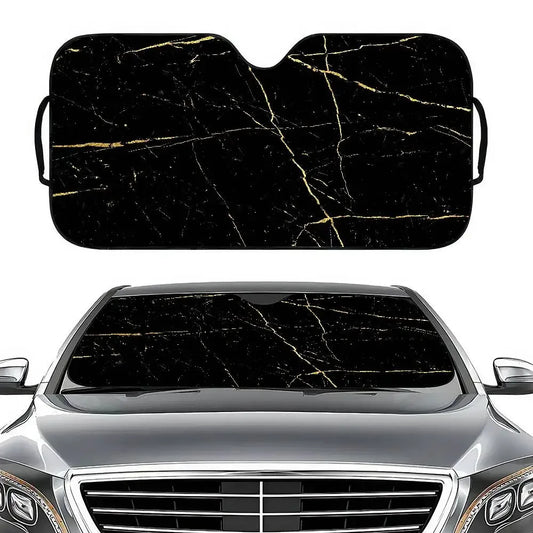 Universal Marble Black Gold Windshield Sunshade - Foldable UV Car - A