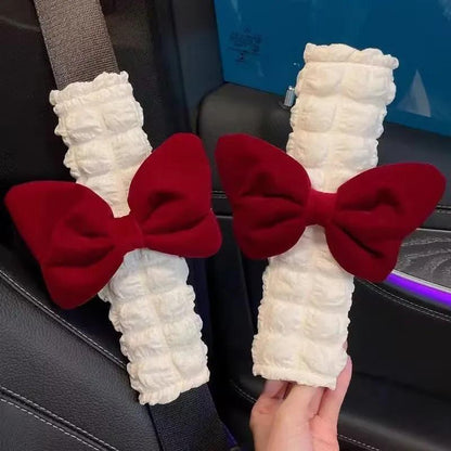 Pink Bow Plush Seatbelt Cover Shoulder Pad Protector Car Cushion