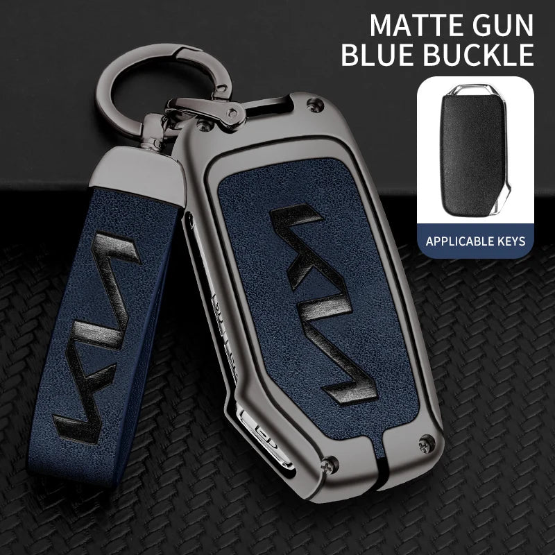 KIA Leather Alloy Remote Key Case Cover - E-gun blue chain