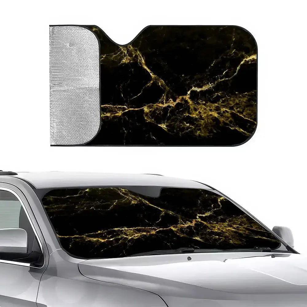 Universal Marble Black Gold Windshield Sunshade - Foldable UV Car - A