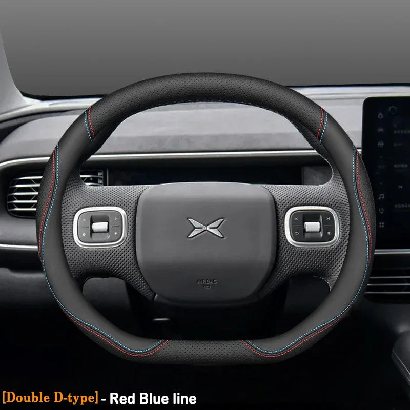 XPeng Ultra-Thin Leather Steering Wheel Cover - Double D Shape / Red-Blue Line