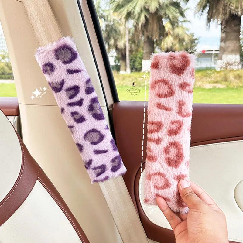 2pcs Leopard Print Plush Seat Belt Shoulder Pads Car Safety