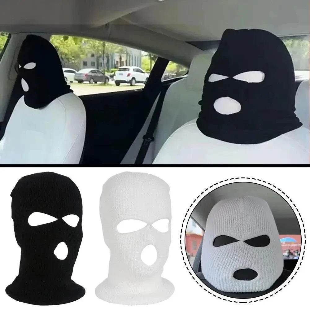 3-Hole Funny Car Seat Headrest Cover – Full Face Ski Mask Design - White