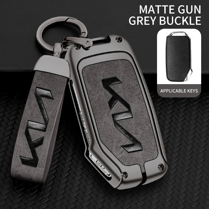 KIA Leather Alloy Remote Key Case Cover - E-gun gray chain