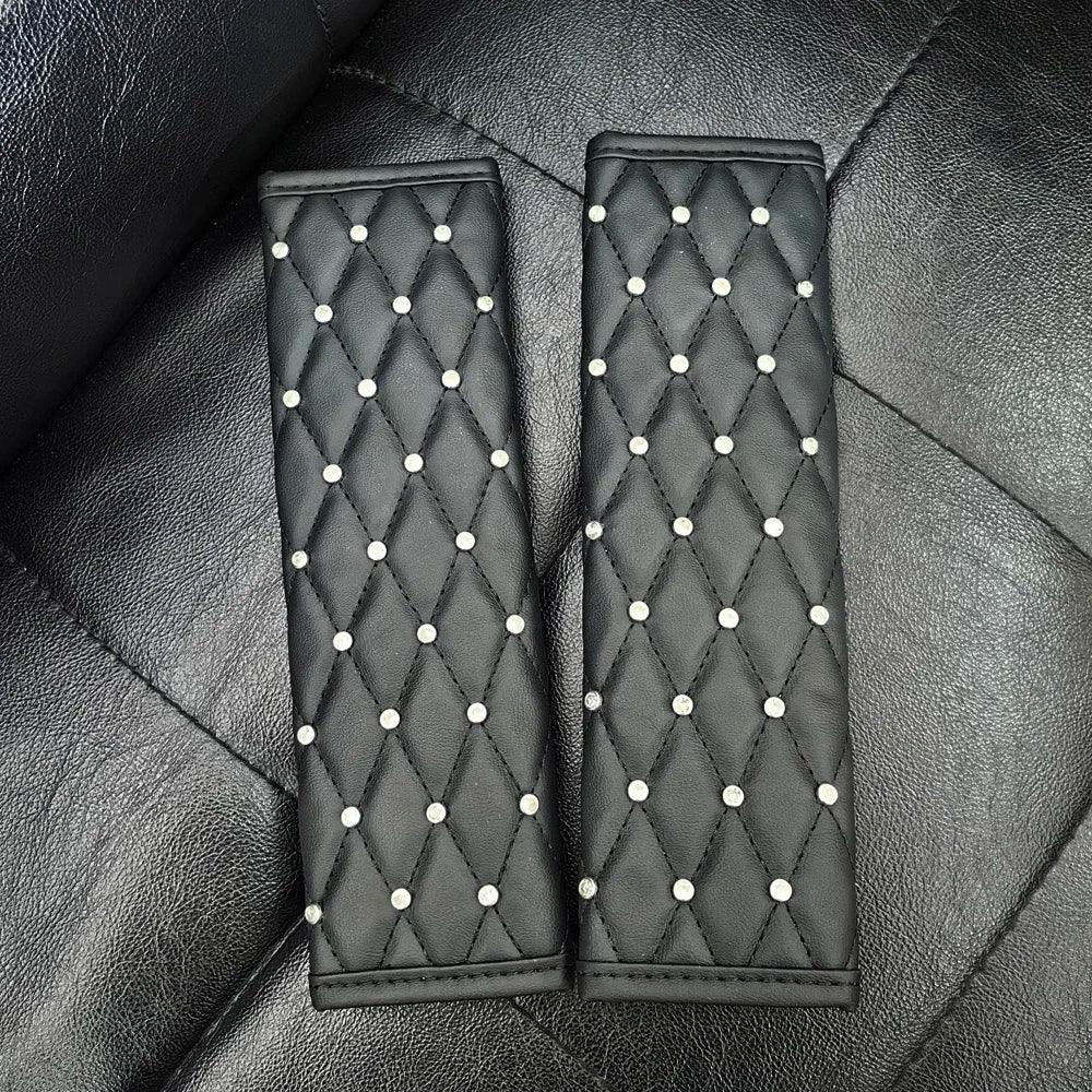 2pc Diamond Crystal Car Seat Belt Covers Soft Leather Shoulder Pads