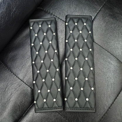2pc Diamond Crystal Car Seat Belt Covers Soft Leather Shoulder Pads