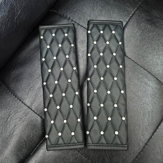 2pc Diamond Crystal Car Seat Belt Covers Soft Leather Shoulder Pads