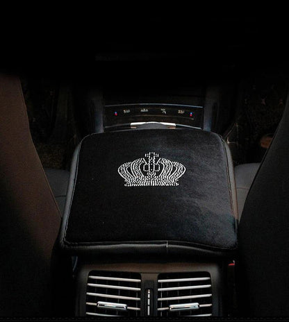 Black Plush Fur Diamond Crystal Crown Car Interior Accessory Set