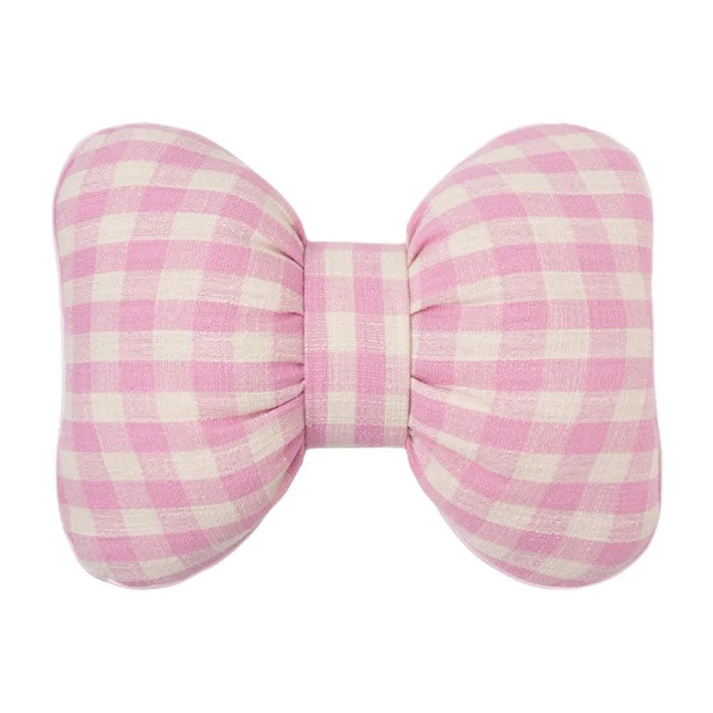 Pink Bowknot Car Neck Pillow - Grid Plaid Pattern Headrest Support