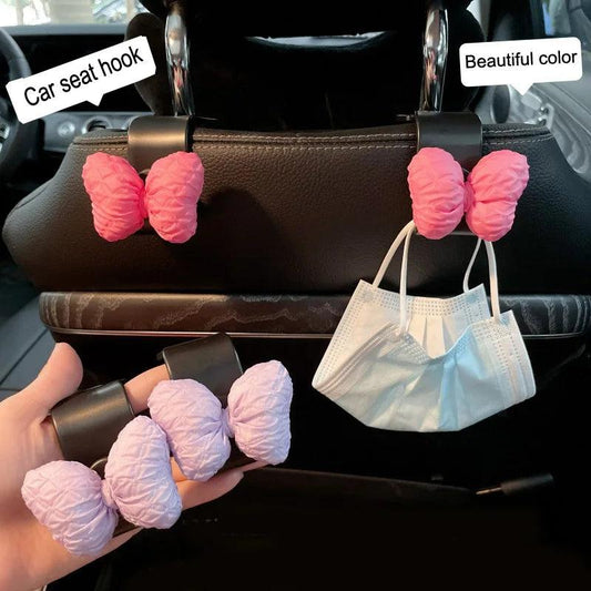 Pink Bow Car Seat Headrest Hooks - 2PC Cartoon Vehicle Organizer