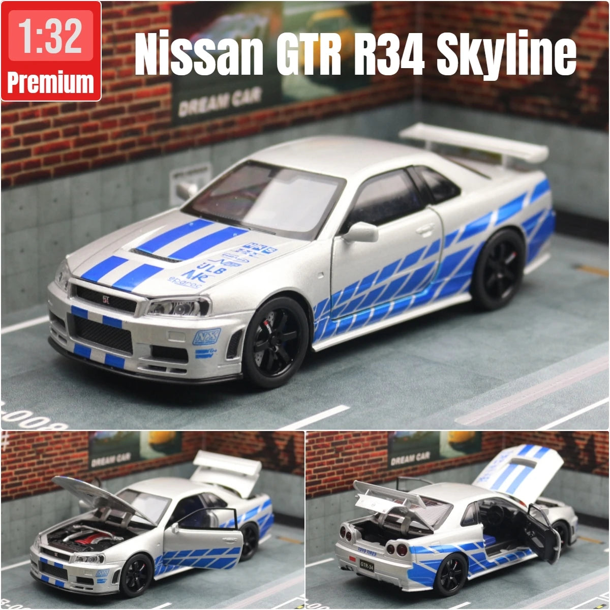 Nissan Skyline GTR R34 – 1:32 Diecast Car Toy with Light & Sound - Standard Silver