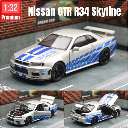 Nissan Skyline GTR R34 – 1:32 Diecast Car Toy with Light & Sound - Standard Silver