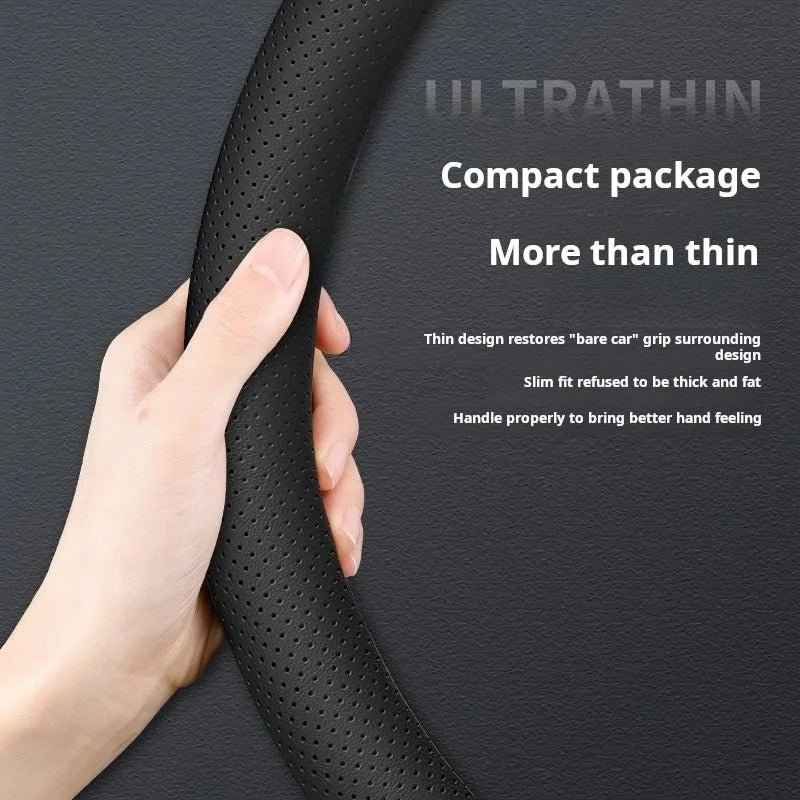 Nappa Leather Steering Wheel Cover | Ultra-Thin, Non-Slip, All-Season Fit - Round black